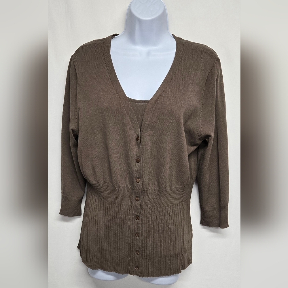 George Ladies L 12 / 14 Two piece Sweater & Tank Set Stretch Knit Taupe Brown